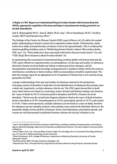 Risk of Death Associated with Kratom Use Compared to Opioids