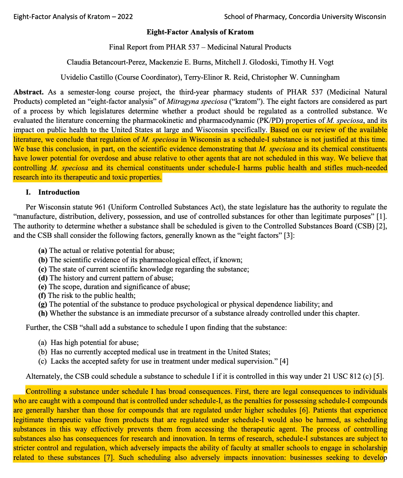 School of Pharmacy, Concordia University Wisconsin Eight-Factor Analysis of Kratom